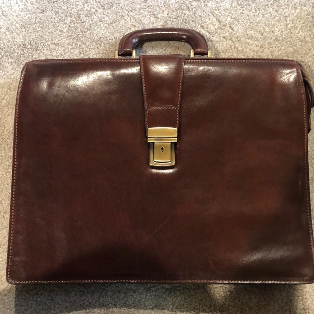 Time Resistance brown leather luxury briefcase lock w key multi pocket attaché